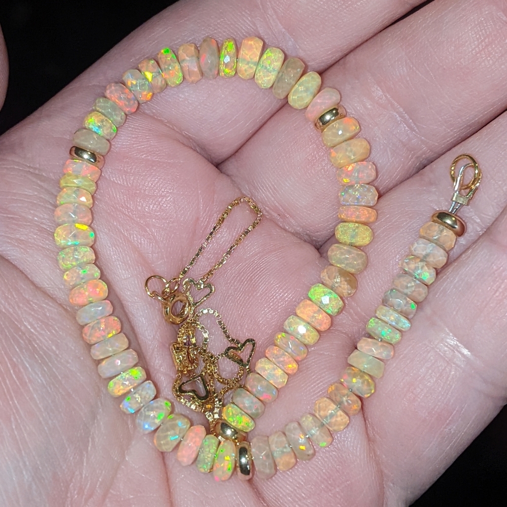 14k Yellow Gold Ethiopian Opal Beaded and Heart Link Necklace 17.5"